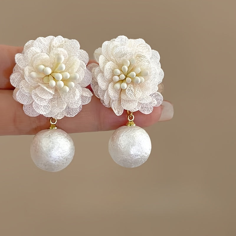 Elegant French Fabric Flower Drop Earrings