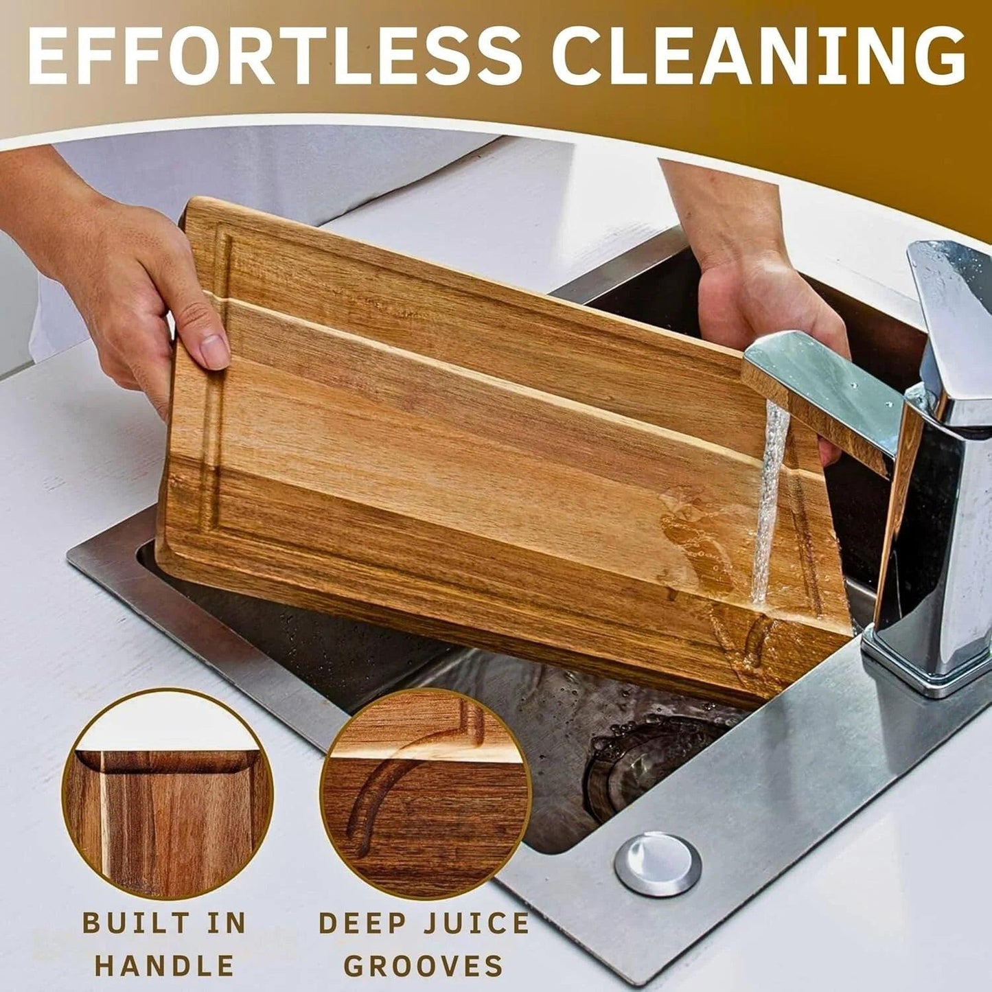 Acacia Wood Cutting Board Set – 3-Piece with Holder, Non-Slip Pads & Juice Grooves