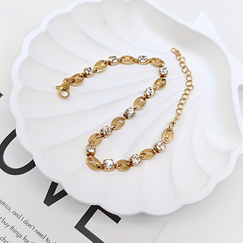 Elegant 18K Gold-Plated Zirconia Bracelet – Oval Coffee Bean Design, Stainless Steel Chain for Daily Wear & Gift Occasions, Sparkling Jewelry Accessory