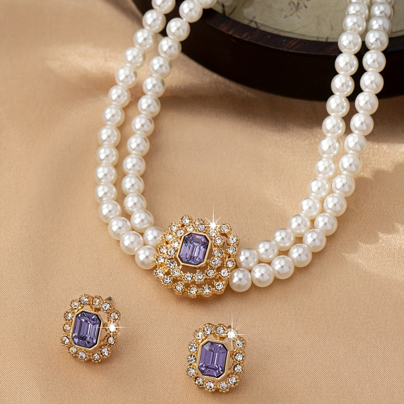 Luxury Elegant Double Row Faux Pearl Necklace Set