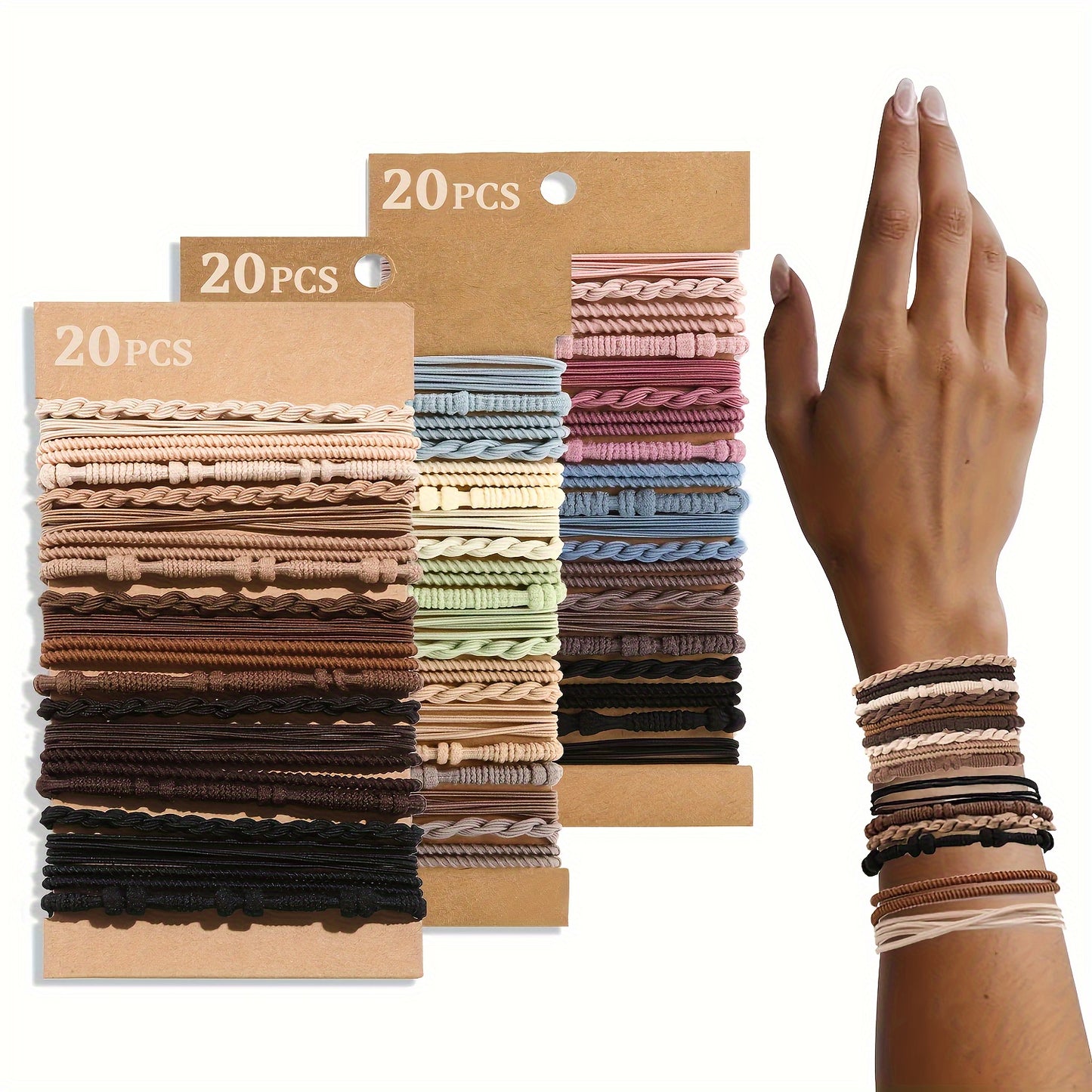 Cherrytree Boho Chic 20-Piece Hair Ties – No-Damage Ponytail Holders for Thick & Thin Hair, Stylish Brown Bracelet Design in 4 Unique Styles
