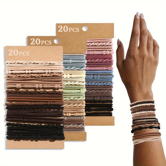 Cherrytree Boho Chic 20-Piece Hair Ties – No-Damage Ponytail Holders for Thick & Thin Hair, Stylish Brown Bracelet Design in 4 Unique Styles