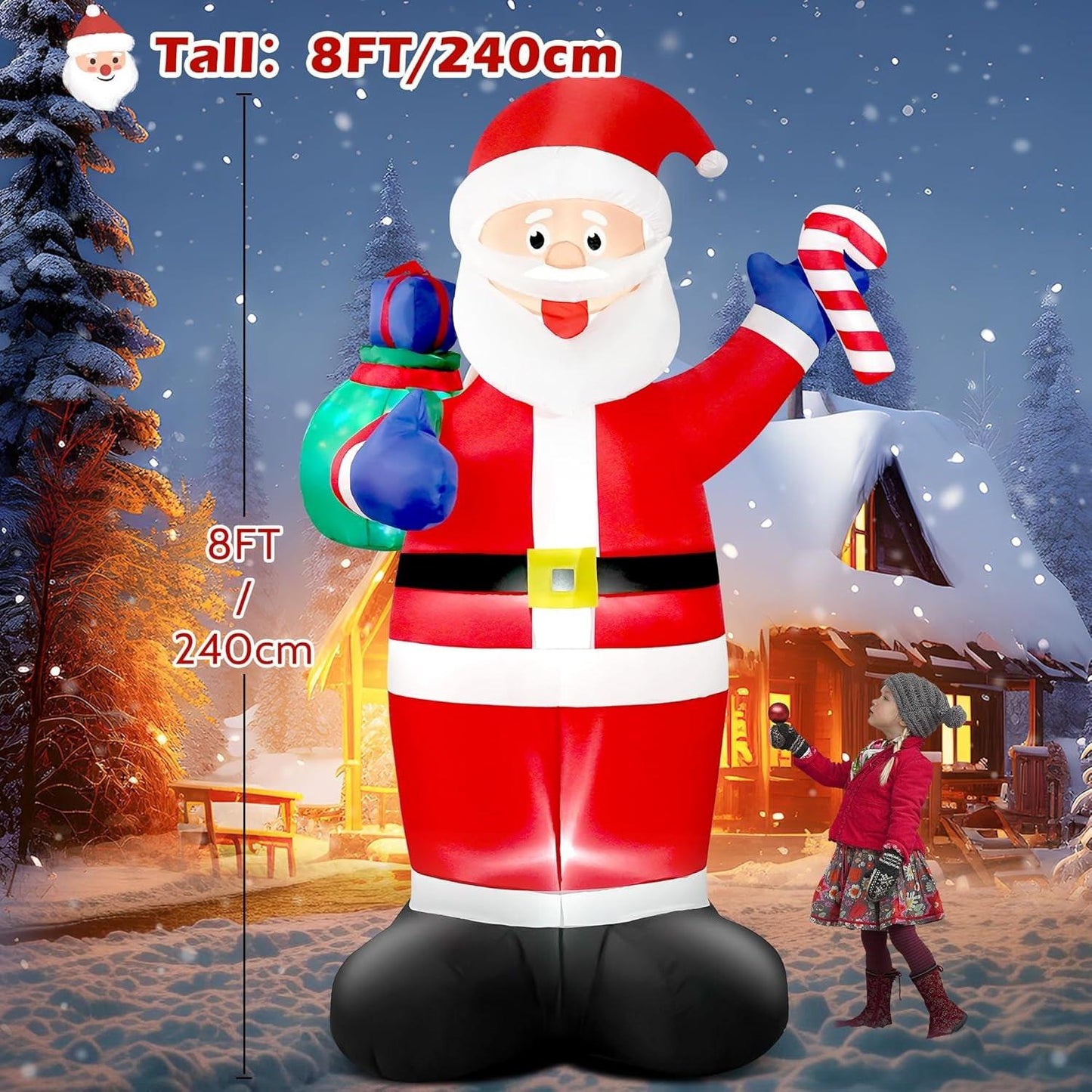 8FT Giant Christmas Inflatable Santa with Flashing Gift Bag – IP44 Weatherproof Outdoor Decoration for Lawn, Garden & Holiday Parties