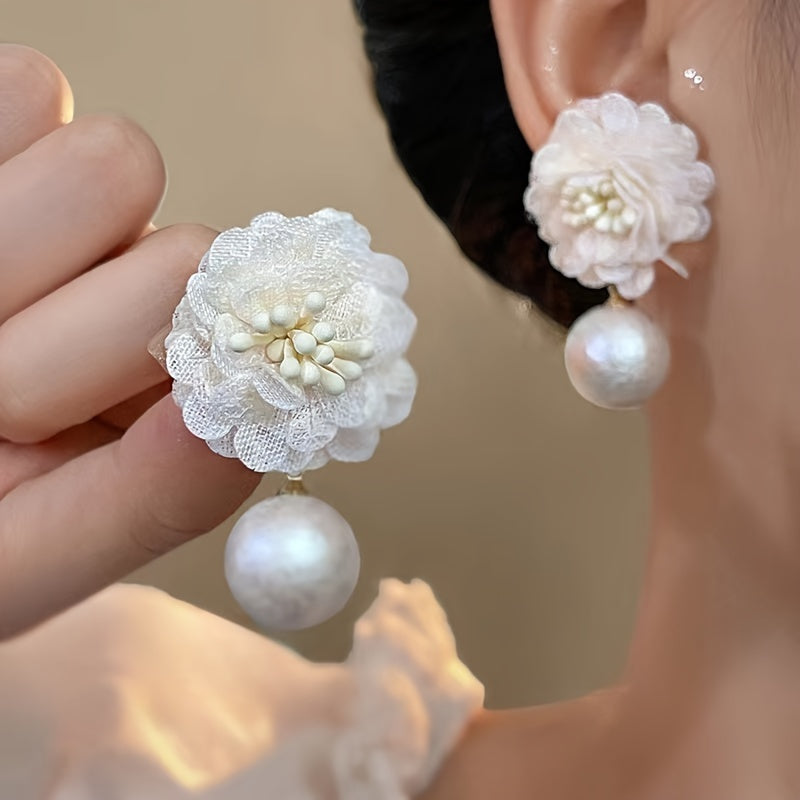 Elegant French Fabric Flower Drop Earrings