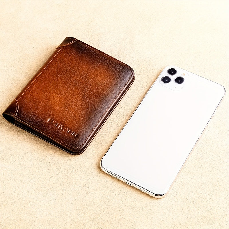 Men's Top Layer Cowhide Short Trifold Wallet