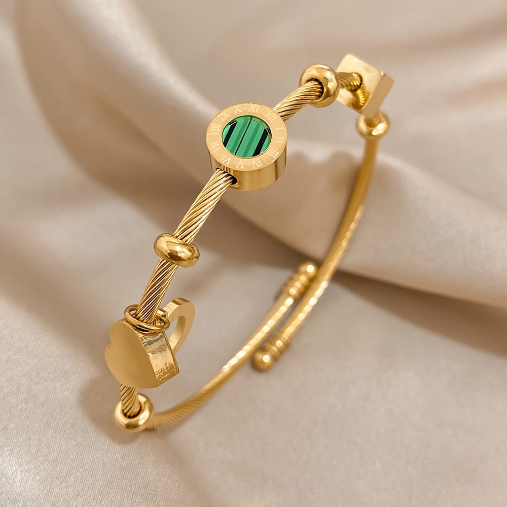 Elegant Golden-Tone Adjustable Cuff Bracelet with Green & Black Stone Beads