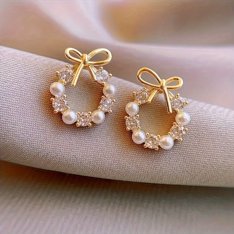 Bohemian Style Zirconia & Pearl Bowknot Fashion Wreath Earrings