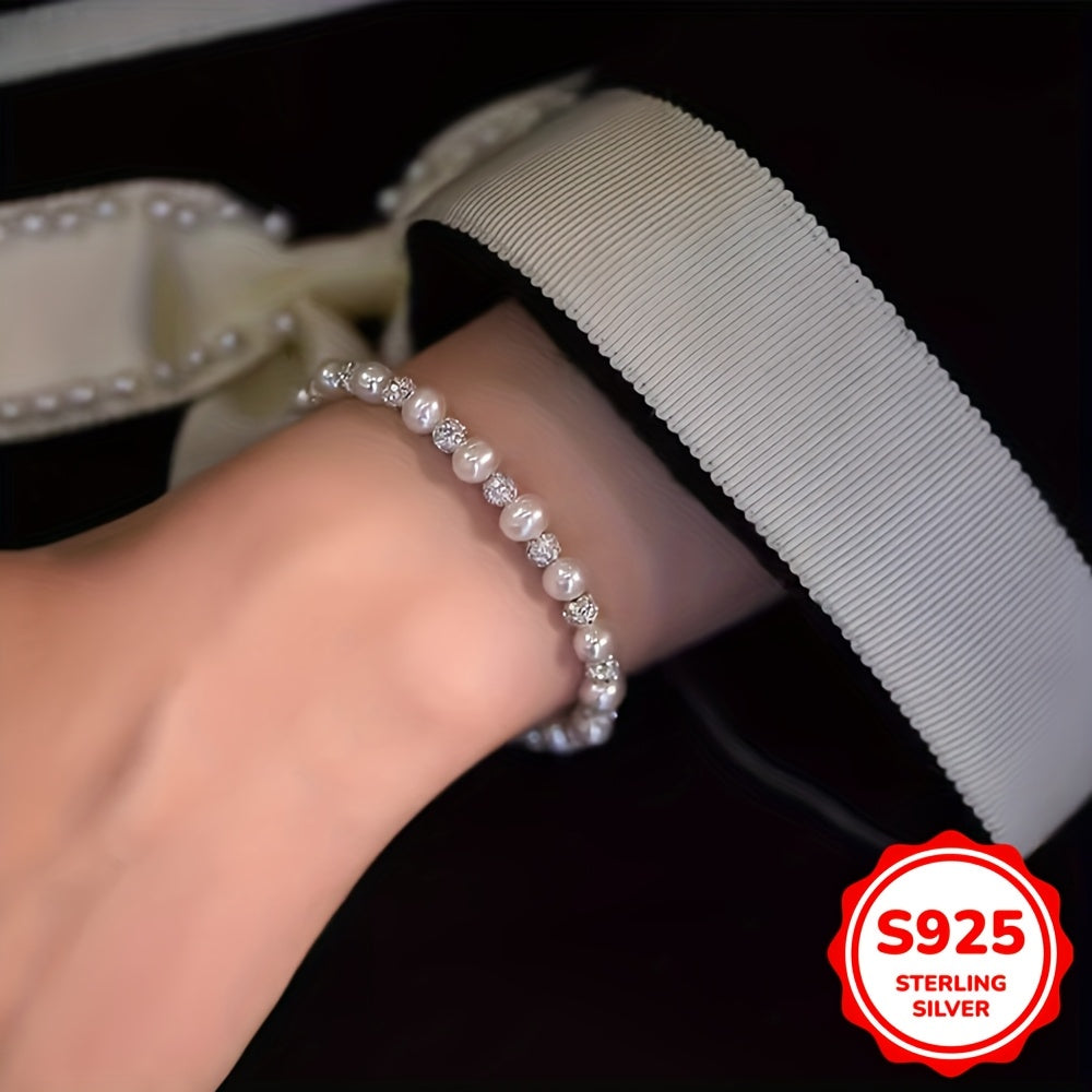 Elegant 6.69g 925 Sterling Silver Pearl & Zirconia Bracelet – Perfect Mother’s Day Gift for Mom, Fine Jewelry Accessory