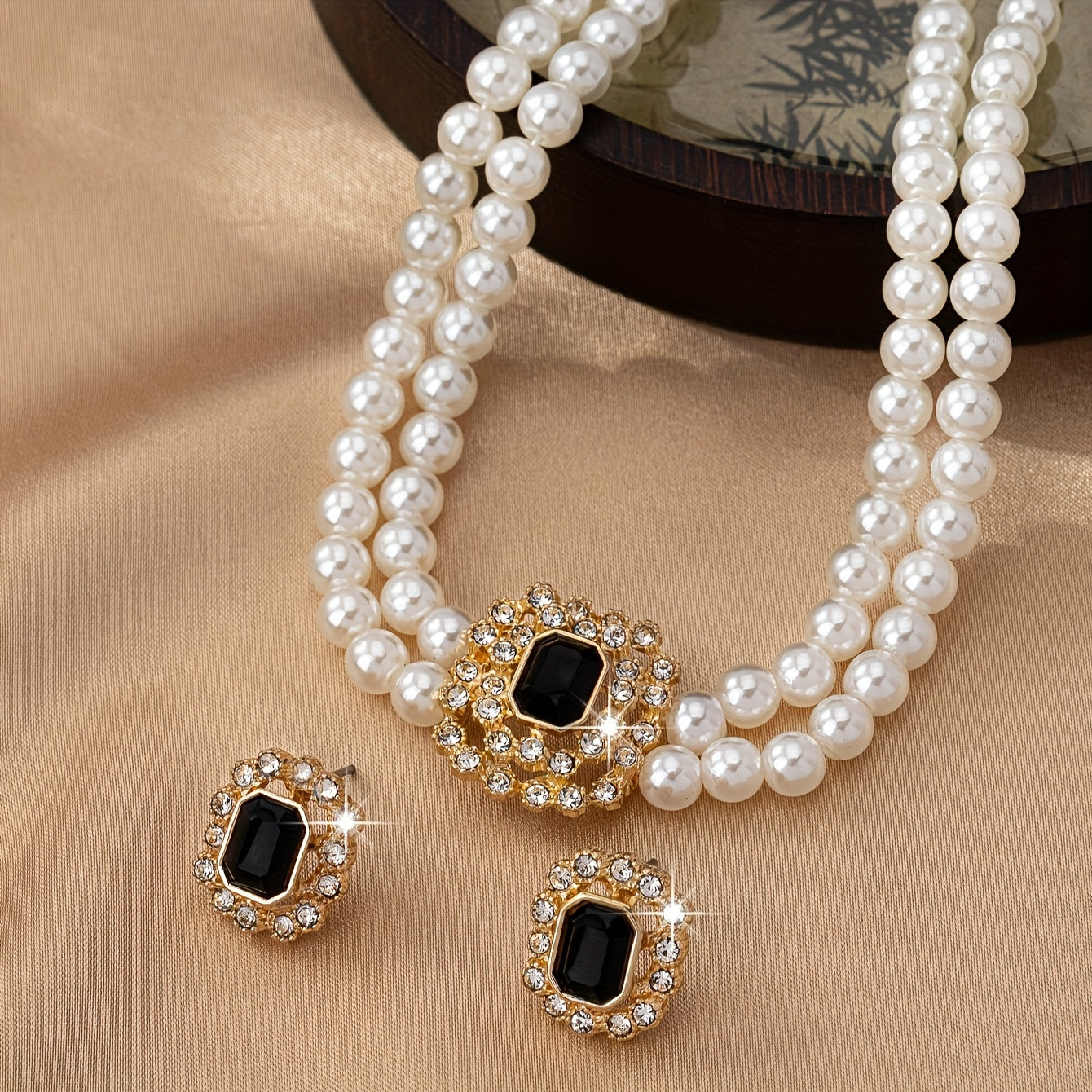 Luxury Elegant Double Row Faux Pearl Necklace Set