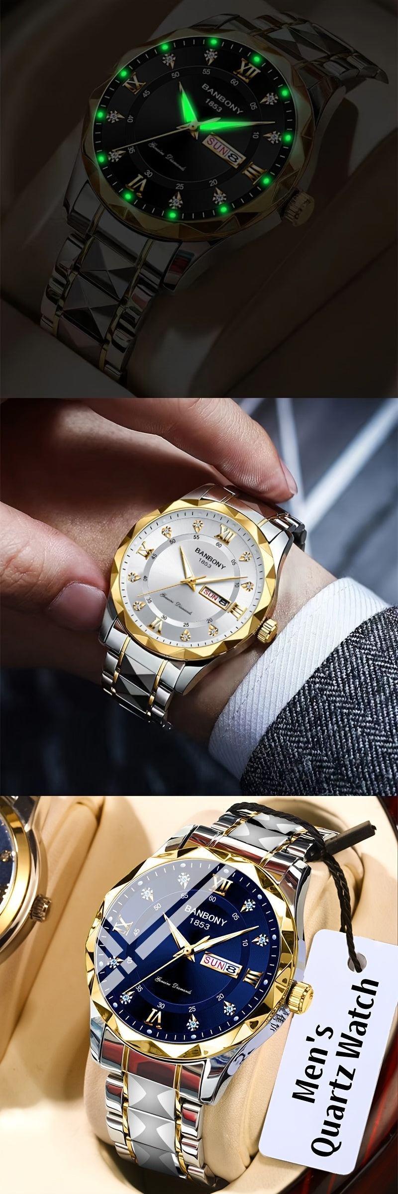 Men's Roman Numerals Dial Rhinestones Multifunctional Watch