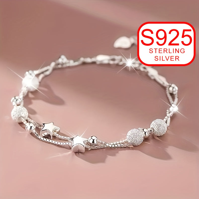 Women's Double-Layer Star Bracelet – 925 Sterling Silver, Hypoallergenic, Versatile Jewelry for Beach, Daily Wear, Weddings & Special Occasions, Perfect Gift for Mother’s Day, Valentine’s Day & Ramadan