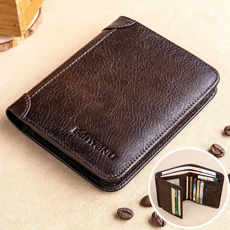 Men's Top Layer Cowhide Short Trifold Wallet