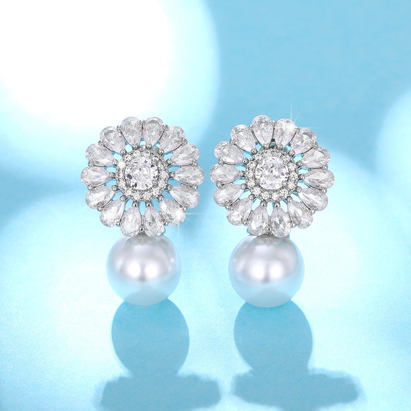 Fashion Flower zirconia Imitation Pearl Drop Earrings