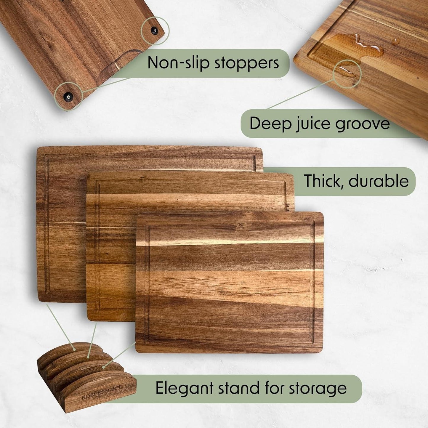 Acacia Wood Cutting Board Set – 3-Piece with Holder, Non-Slip Pads & Juice Grooves