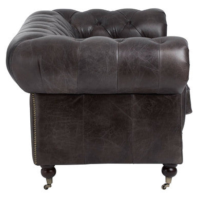 2 Seater Dark Grey Brown Leather Chesterfield Sofa, Victor