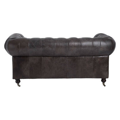 2 Seater Dark Grey Brown Leather Chesterfield Sofa, Victor