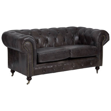 2 Seater Dark Grey Brown Leather Chesterfield Sofa, Victor