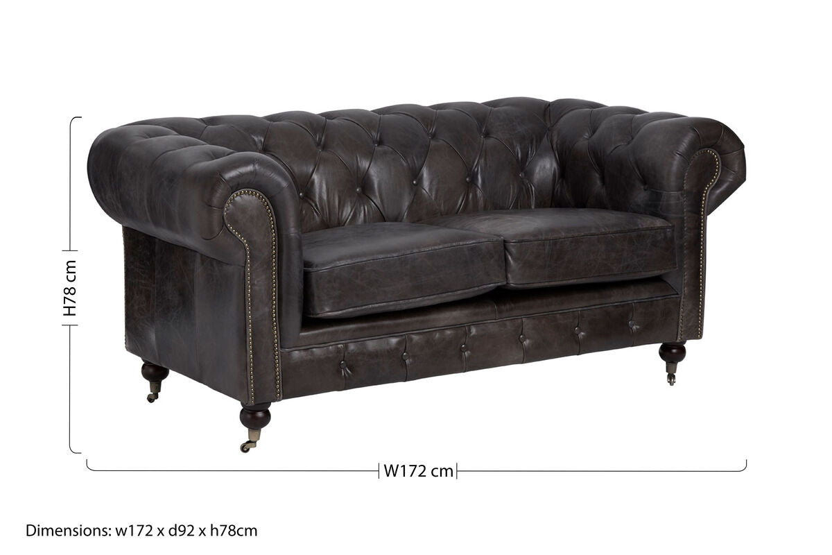 2 Seater Dark Grey Brown Leather Chesterfield Sofa, Victor