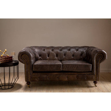 2 Seater Dark Grey Brown Leather Chesterfield Sofa, Victor