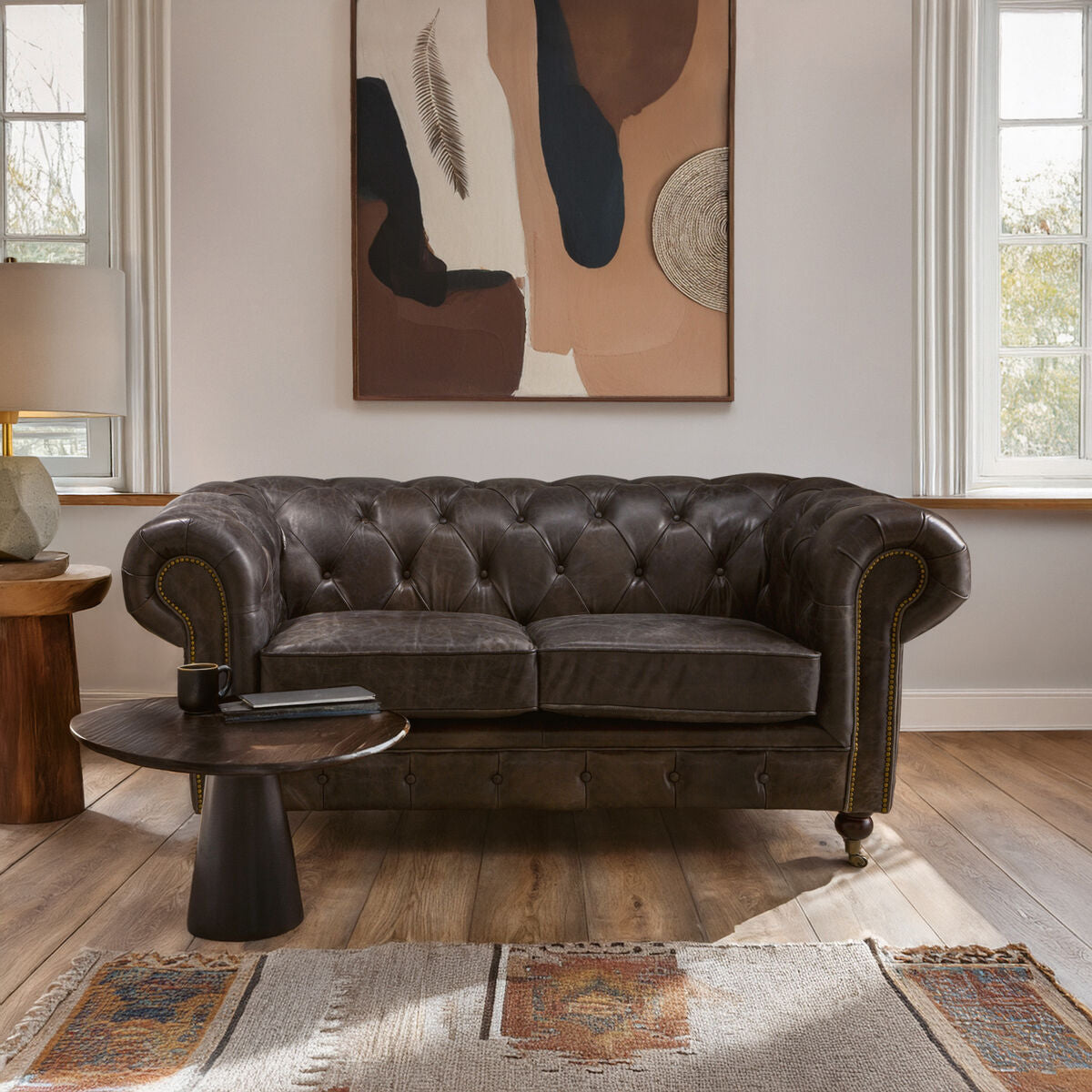 2 Seater Dark Grey Brown Leather Chesterfield Sofa, Victor