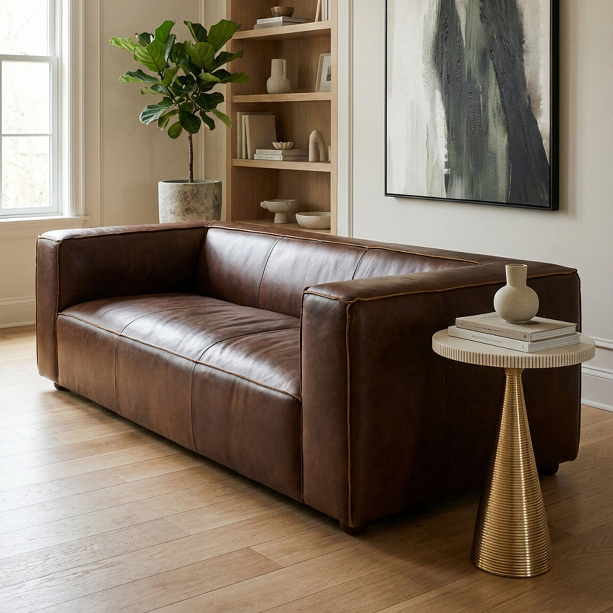 3 Seater Antique Brown Leather Sofa, King