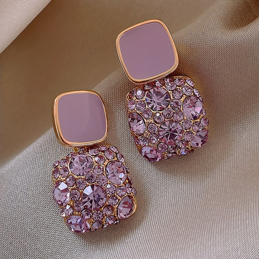 Square Shape Full Shiny Rhinestone Decor Dangle Earrings Luxury Elegant Style Alloy Jewelry Banquet Party Ear Ornaments