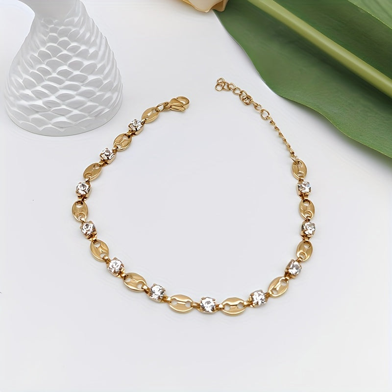 Elegant 18K Gold-Plated Zirconia Bracelet – Oval Coffee Bean Design, Stainless Steel Chain for Daily Wear & Gift Occasions, Sparkling Jewelry Accessory