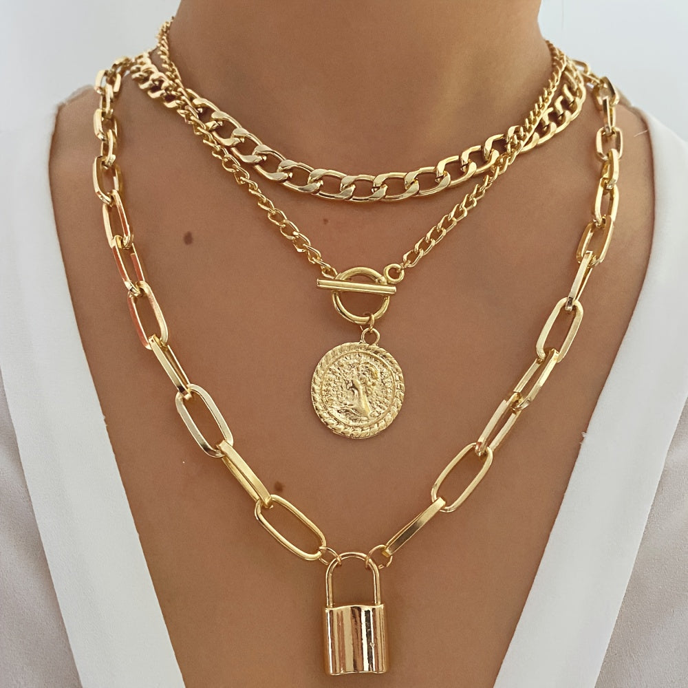 Elegant 3pcs Vintage-Inspired Golden-Tone Necklace Set