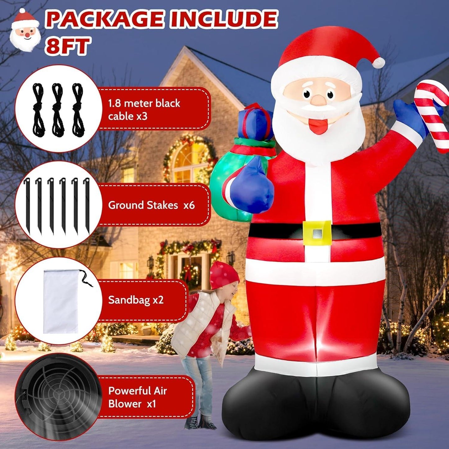 8FT Giant Christmas Inflatable Santa with Flashing Gift Bag – IP44 Weatherproof Outdoor Decoration for Lawn, Garden & Holiday Parties