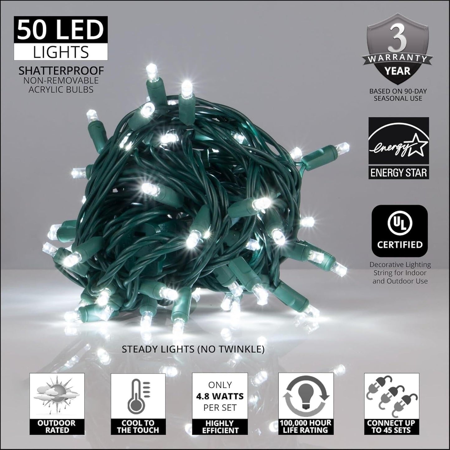 50 Cool White LED Christmas Lights – 25FT Indoor/Outdoor Mini String