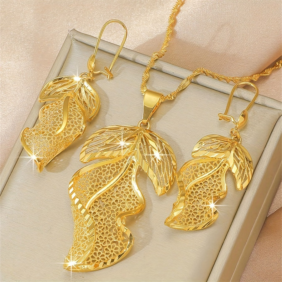 Hollow Leaf Jewelry Earrings Necklace Set