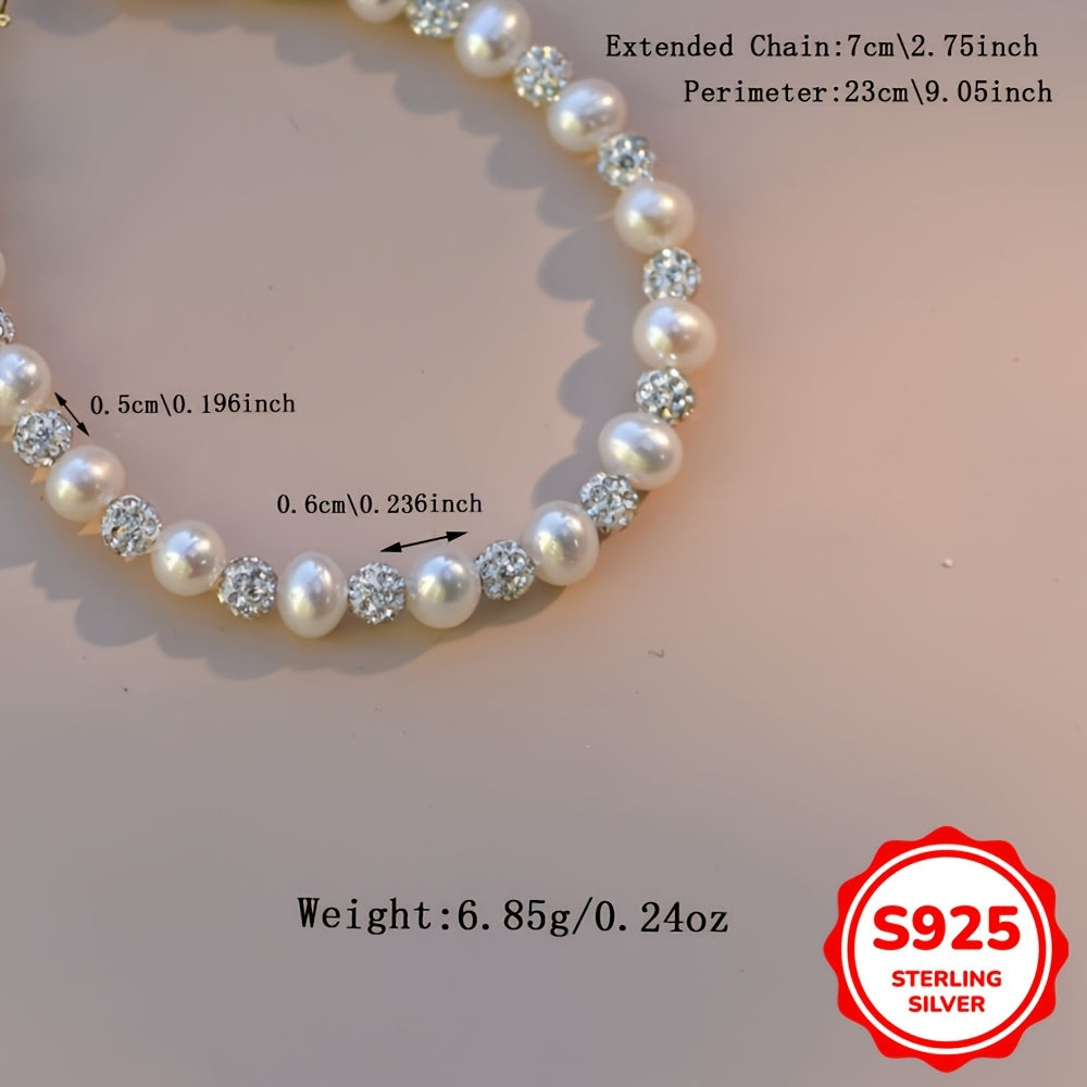 Elegant 6.69g 925 Sterling Silver Pearl & Zirconia Bracelet – Perfect Mother’s Day Gift for Mom, Fine Jewelry Accessory