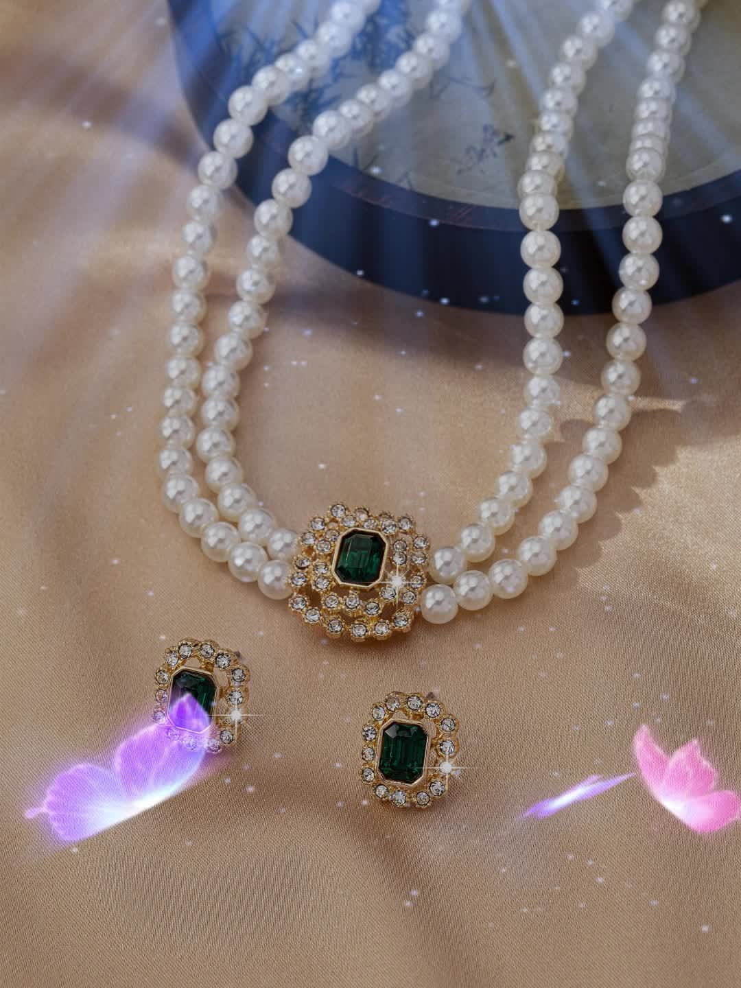 Luxury Elegant Double Row Faux Pearl Necklace Set