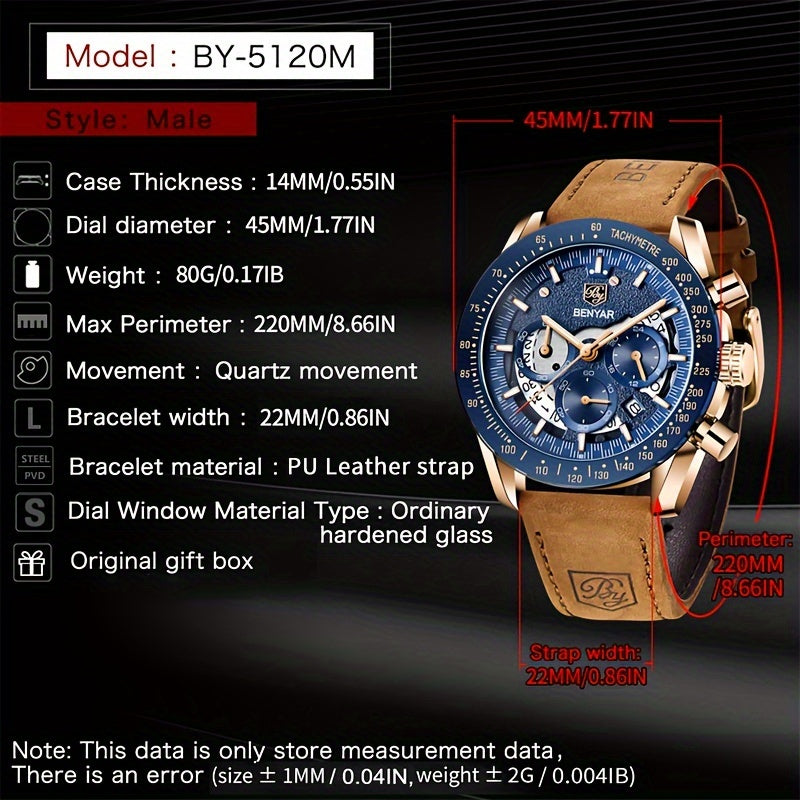 BENYAR Men's Stylish Sports Leather Watch