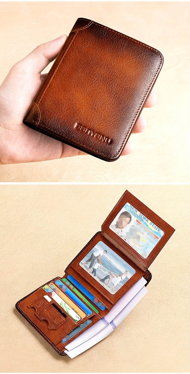 Men's Top Layer Cowhide Short Trifold Wallet