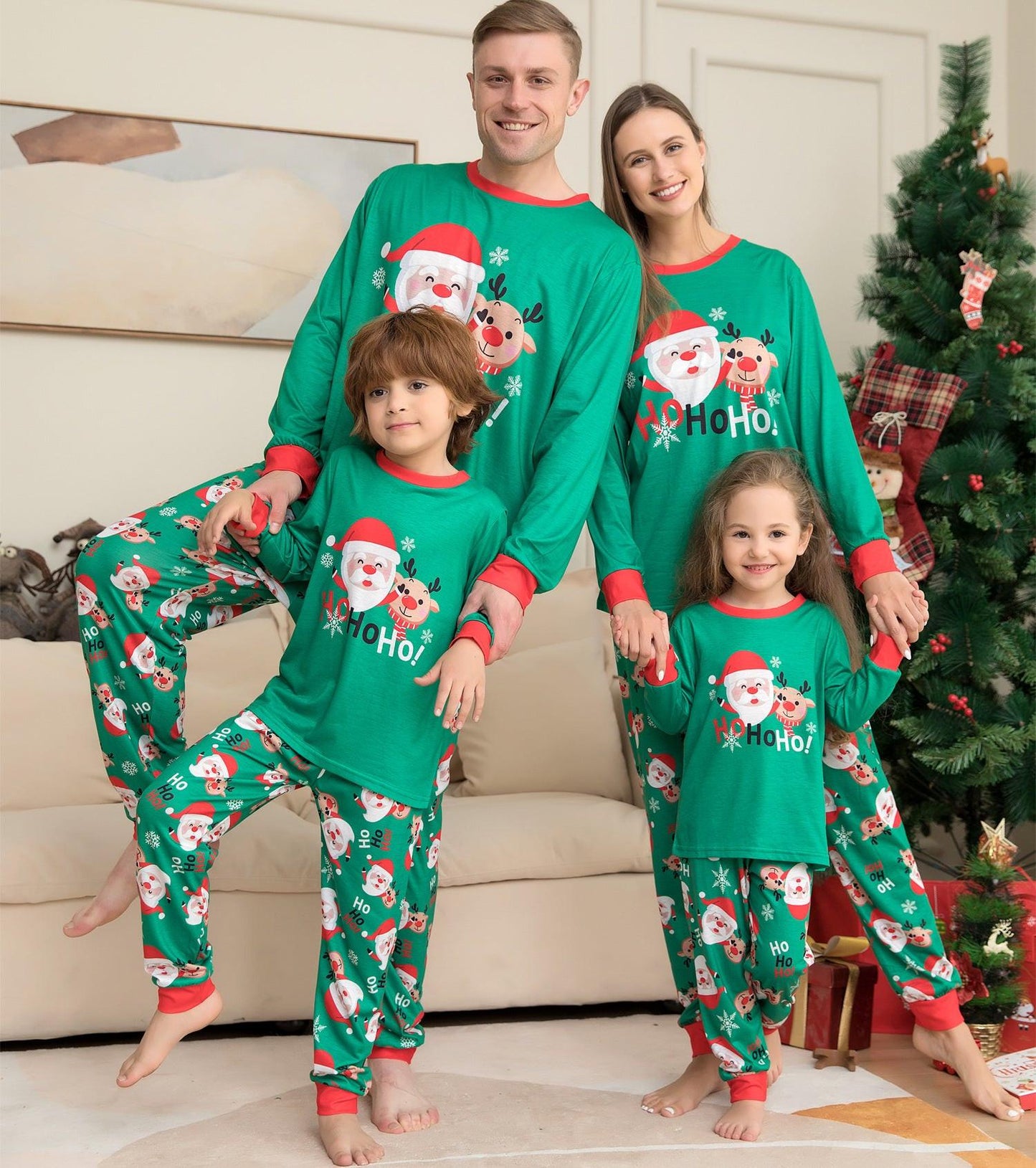Santa‑Themed Matching Family Pajamas – Green Holiday Sets for Adults, Kids, Babies & Pets