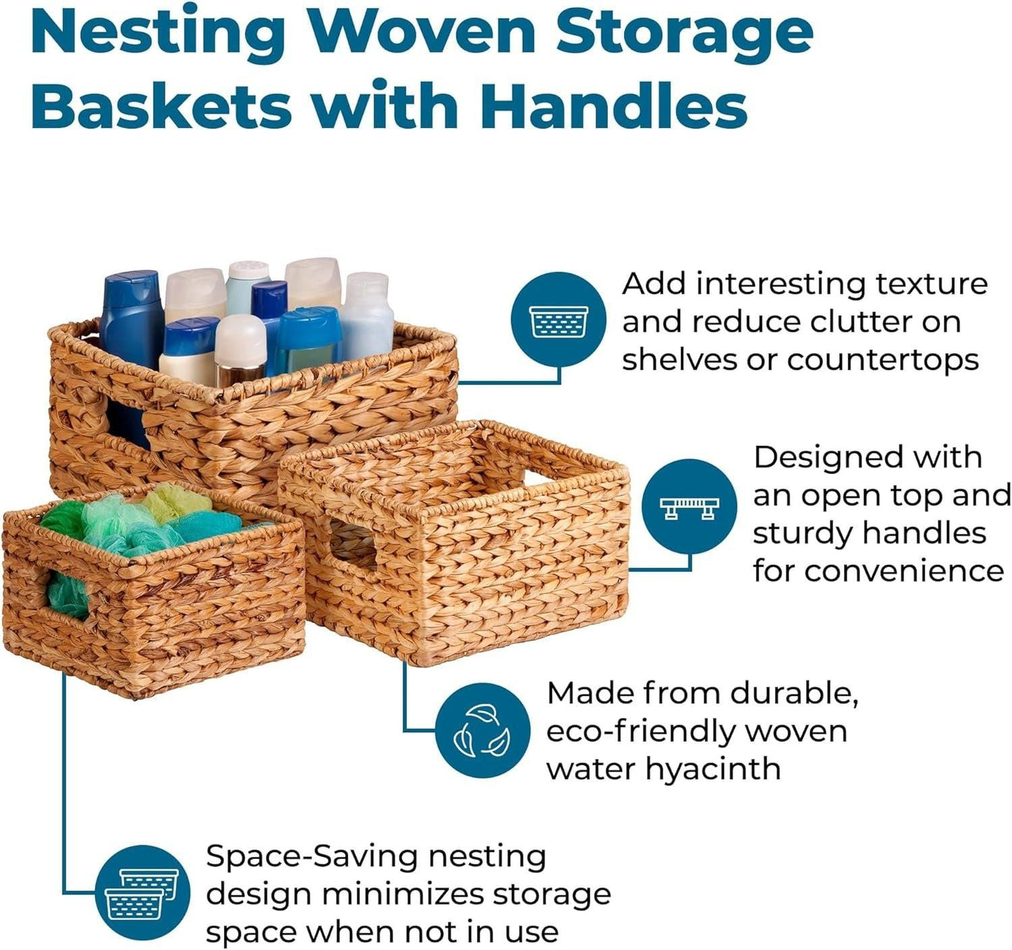 Eco‑Friendly Woven Water Hyacinth Nesting Storage Baskets – Set of 3 | Natural Finish | Multi‑Size | Home & Kitchen Organisation