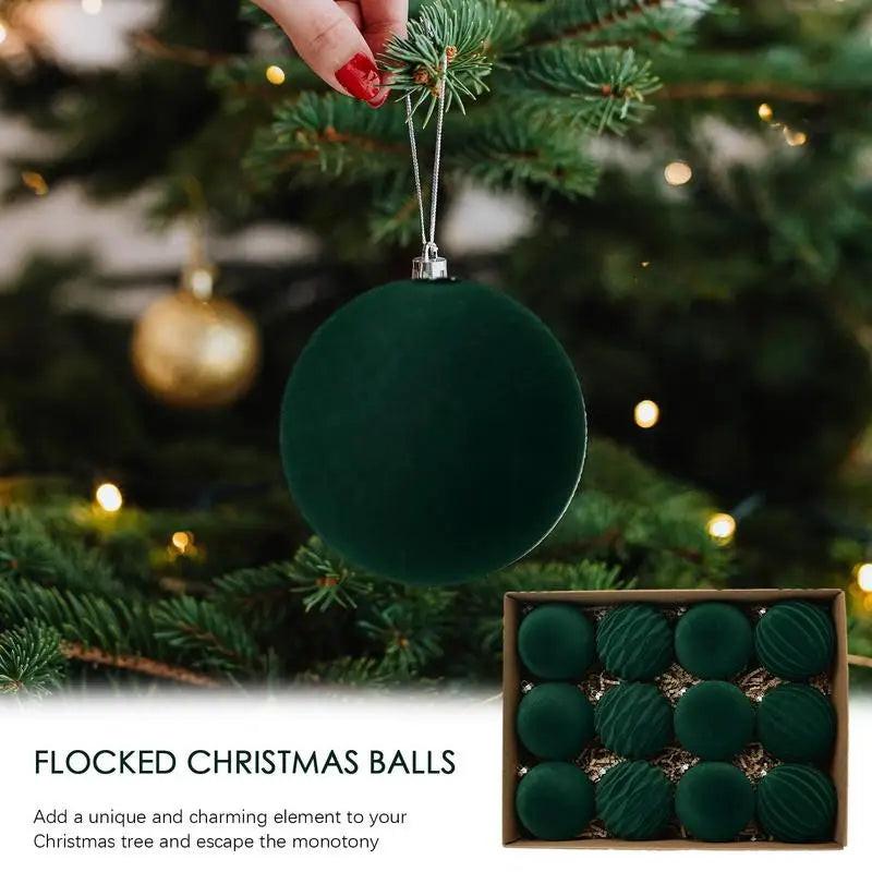 12-Pack Green Flocked Christmas Tree Baubles – Elegant ABS Ornaments for Festive Decor & Holiday Parties