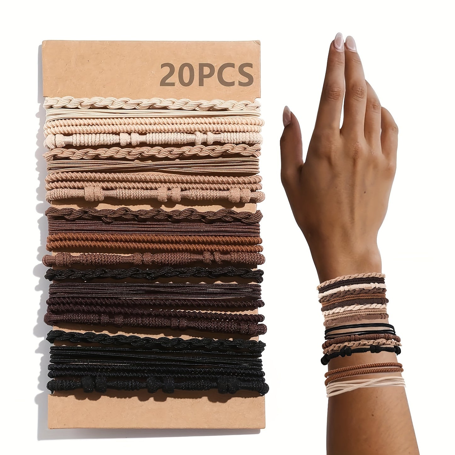 Cherrytree Boho Chic 20-Piece Hair Ties – No-Damage Ponytail Holders for Thick & Thin Hair, Stylish Brown Bracelet Design in 4 Unique Styles