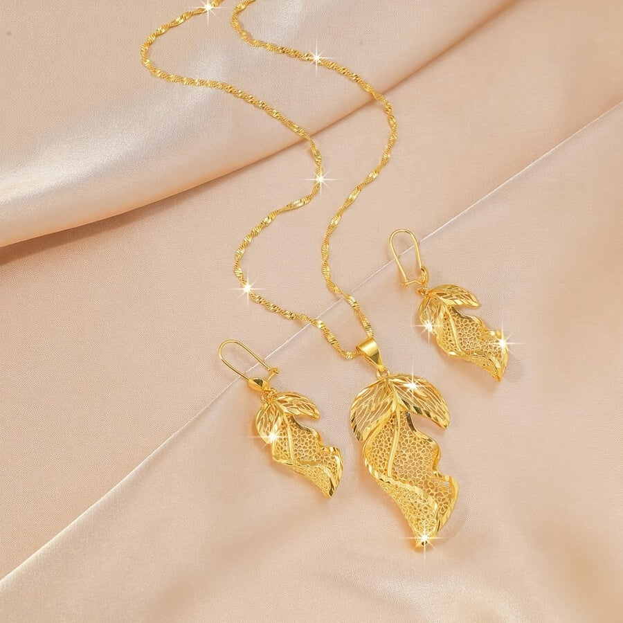 Hollow Leaf Jewelry Earrings Necklace Set