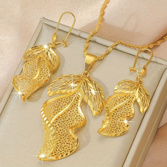 Hollow Leaf Jewelry Earrings Necklace Set