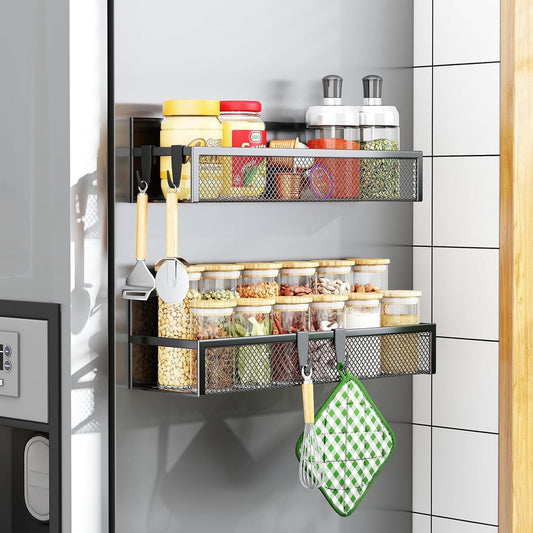 Magnetic Spice Rack for Refrigerator – 2‑Pack Heavy‑Duty Organizer with Removable Hooks