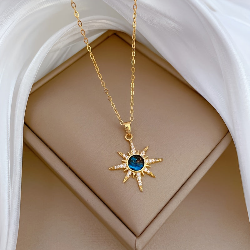 Avant-Garde Starburst Pendant Necklace – Blue Faux Zirconia, Stainless Steel Chain & Copper Pendant, Unisex Jewelry Gift for Teens & Adults, All-Occasion Accessory