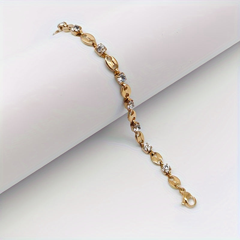 Elegant 18K Gold-Plated Zirconia Bracelet – Oval Coffee Bean Design, Stainless Steel Chain for Daily Wear & Gift Occasions, Sparkling Jewelry Accessory