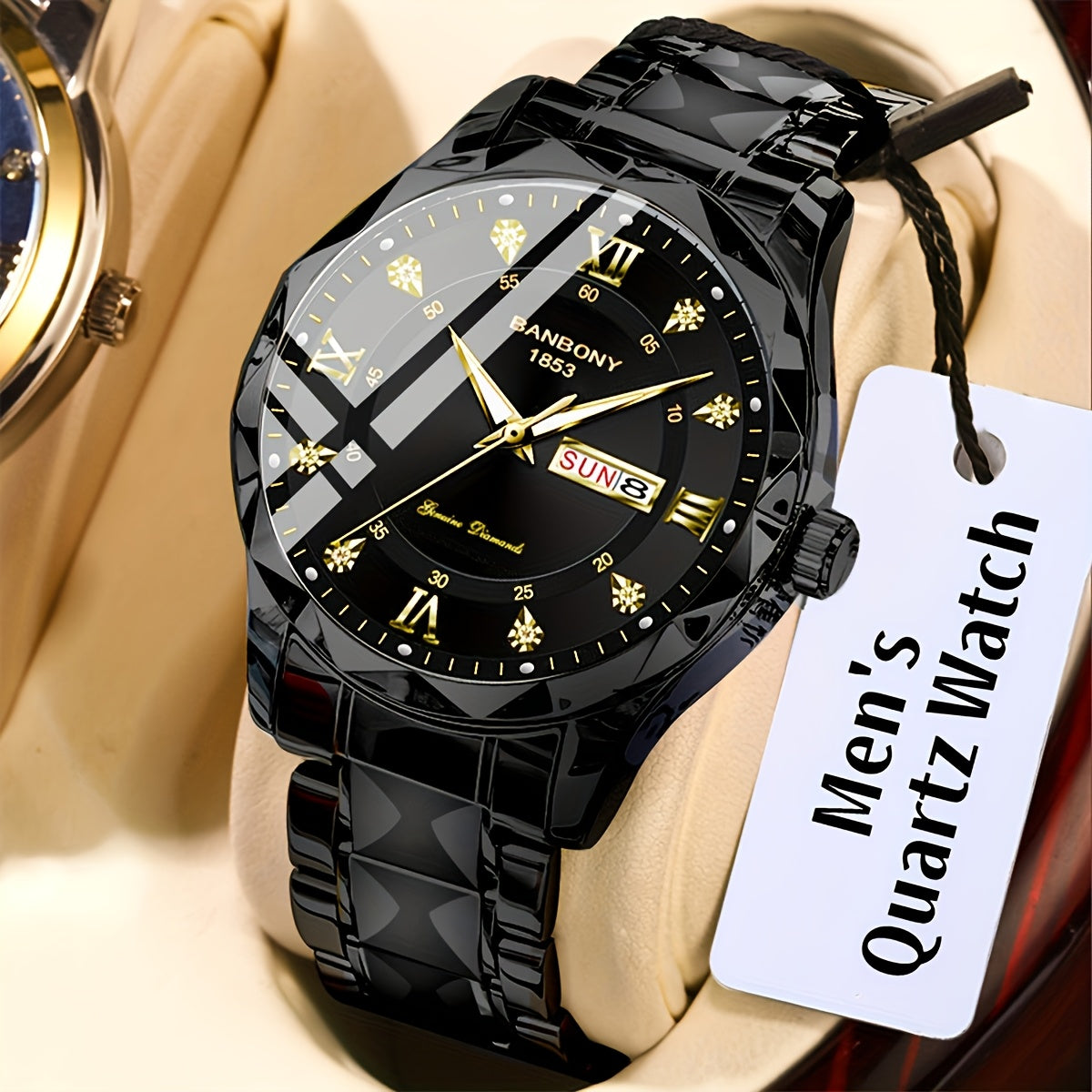 Men's Roman Numerals Dial Rhinestones Multifunctional Watch