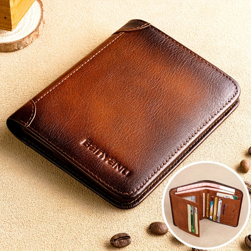 Men's Top Layer Cowhide Short Trifold Wallet