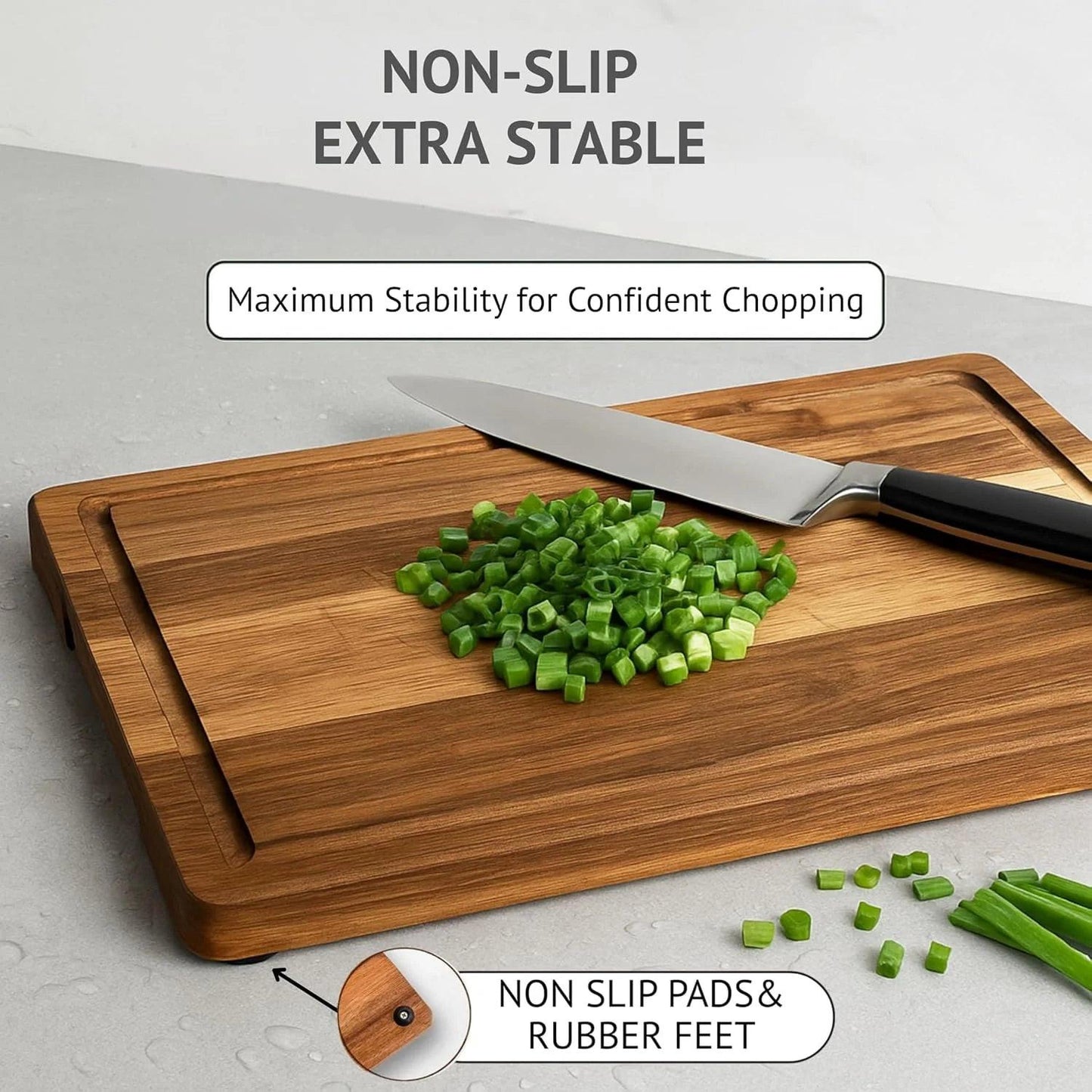 Acacia Wood Cutting Board Set – 3-Piece with Holder, Non-Slip Pads & Juice Grooves
