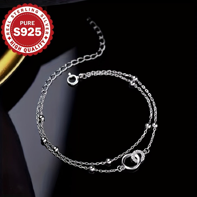 Elegant 925 Sterling Silver Double-Layer Circle Bracelet with Cross Beads – Hypoallergenic 2.6g Jewelry, Perfect Gift for Her, Daily Wear & Valentine’s Day Accessory