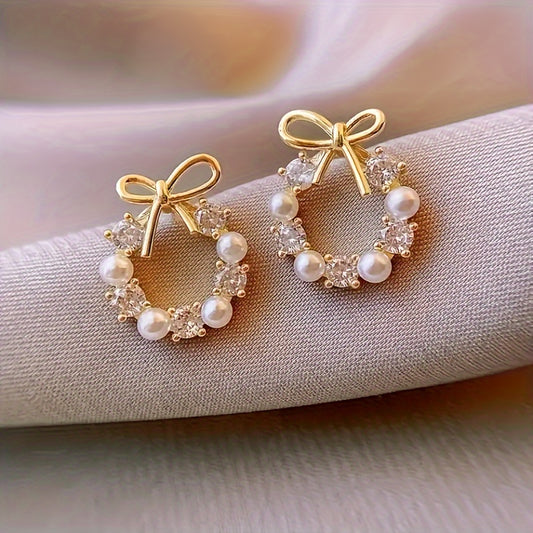 Bohemian Style Zirconia & Pearl Bowknot Fashion Wreath Earrings