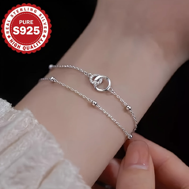 Elegant 925 Sterling Silver Double-Layer Circle Bracelet with Cross Beads – Hypoallergenic 2.6g Jewelry, Perfect Gift for Her, Daily Wear & Valentine’s Day Accessory